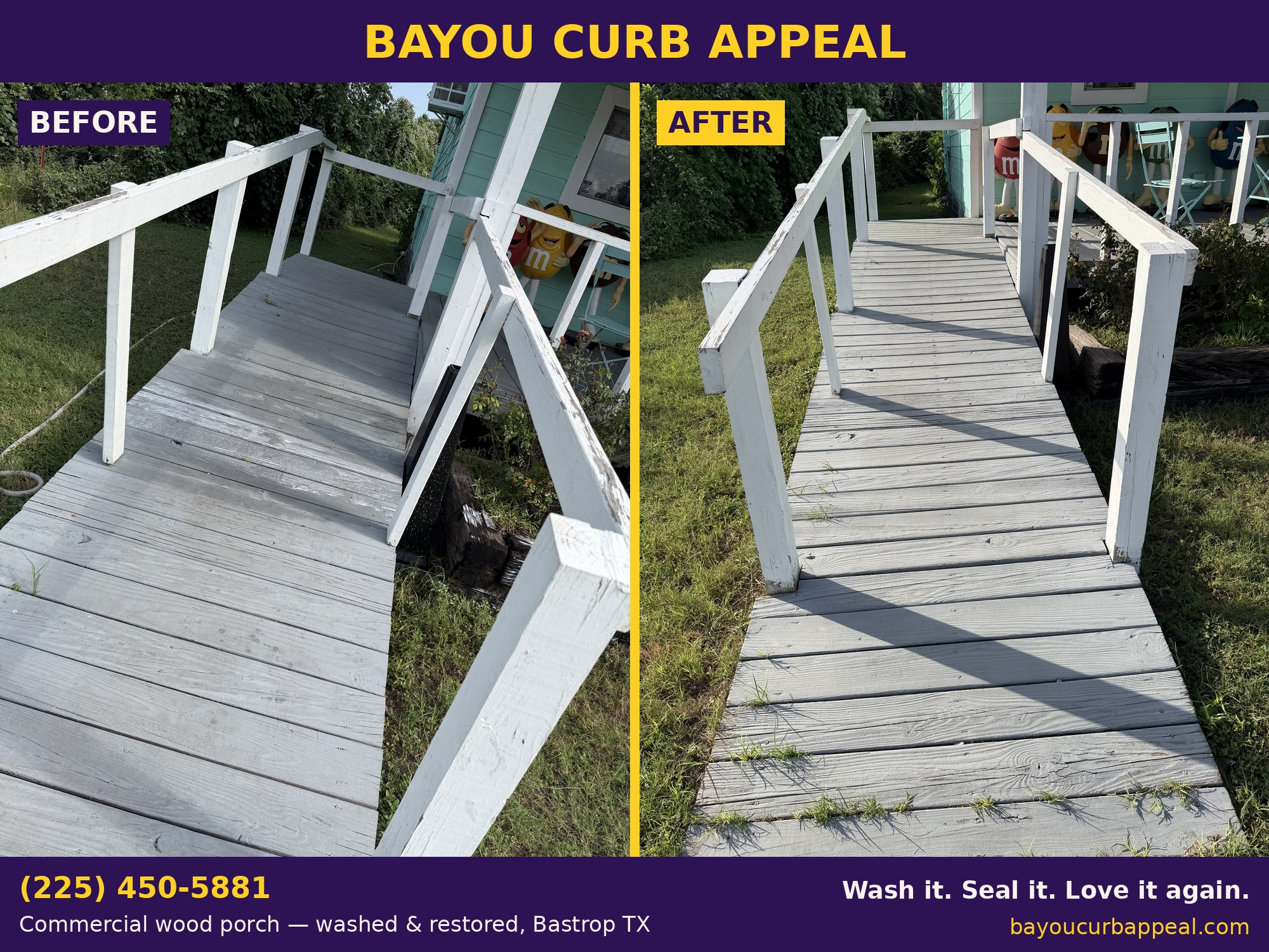 Commercial wood porch washed and restored, Bastrop TX