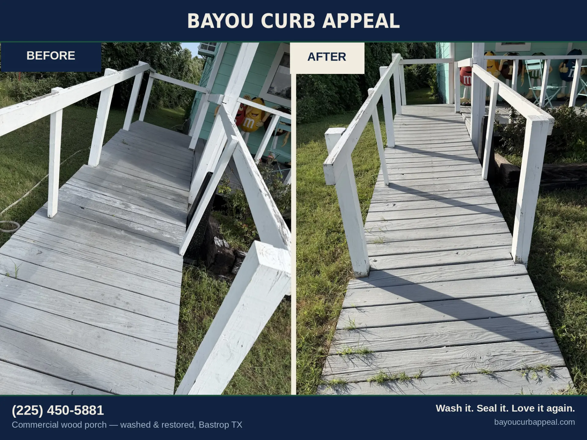 Commercial wood porch washed and restored, Lafayette, LA
