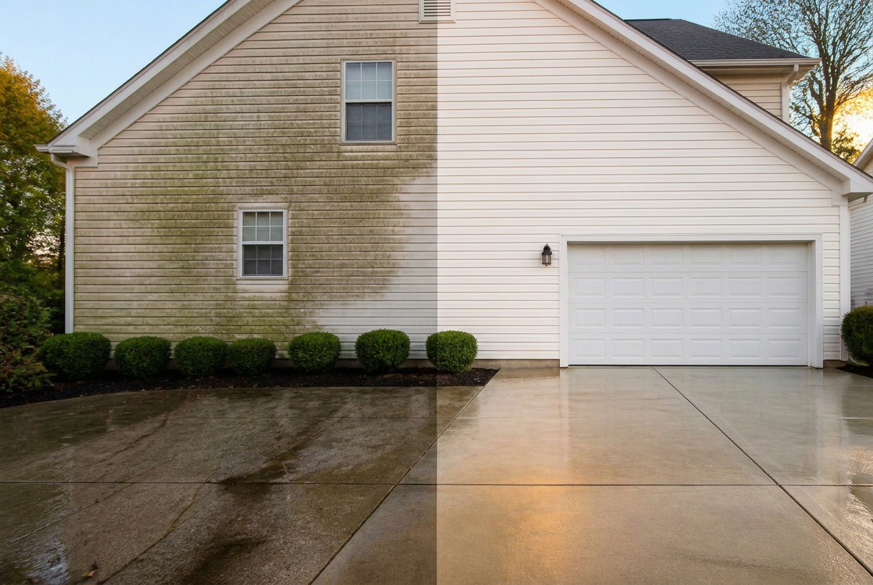 Before and after: left half of the house is grimy, right half is freshly washed